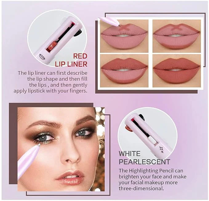 4-in-1 Makeup Pen lip liner and highlighter - Red lip liner with pearlescent white highlight

