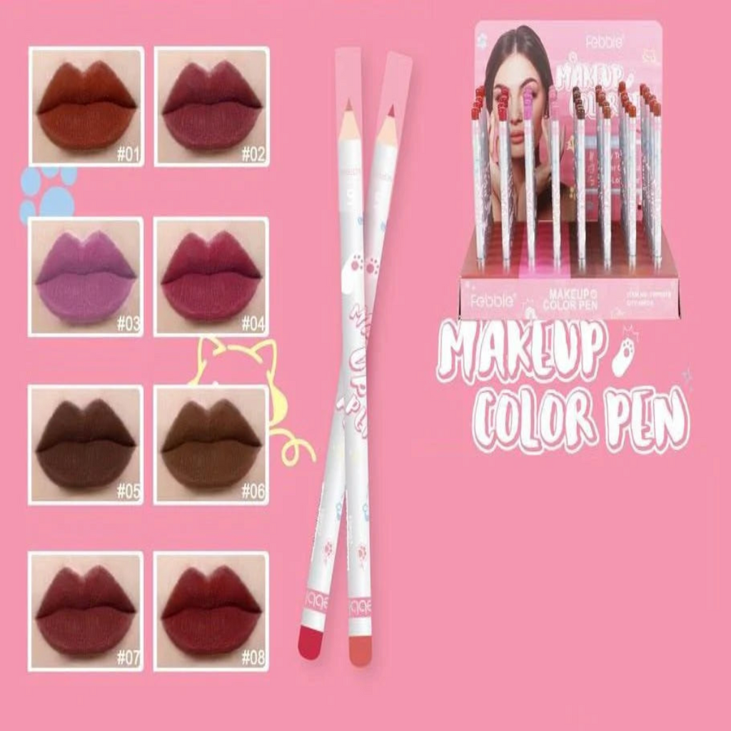 Makeup color pen with sample color swatches on a pink background