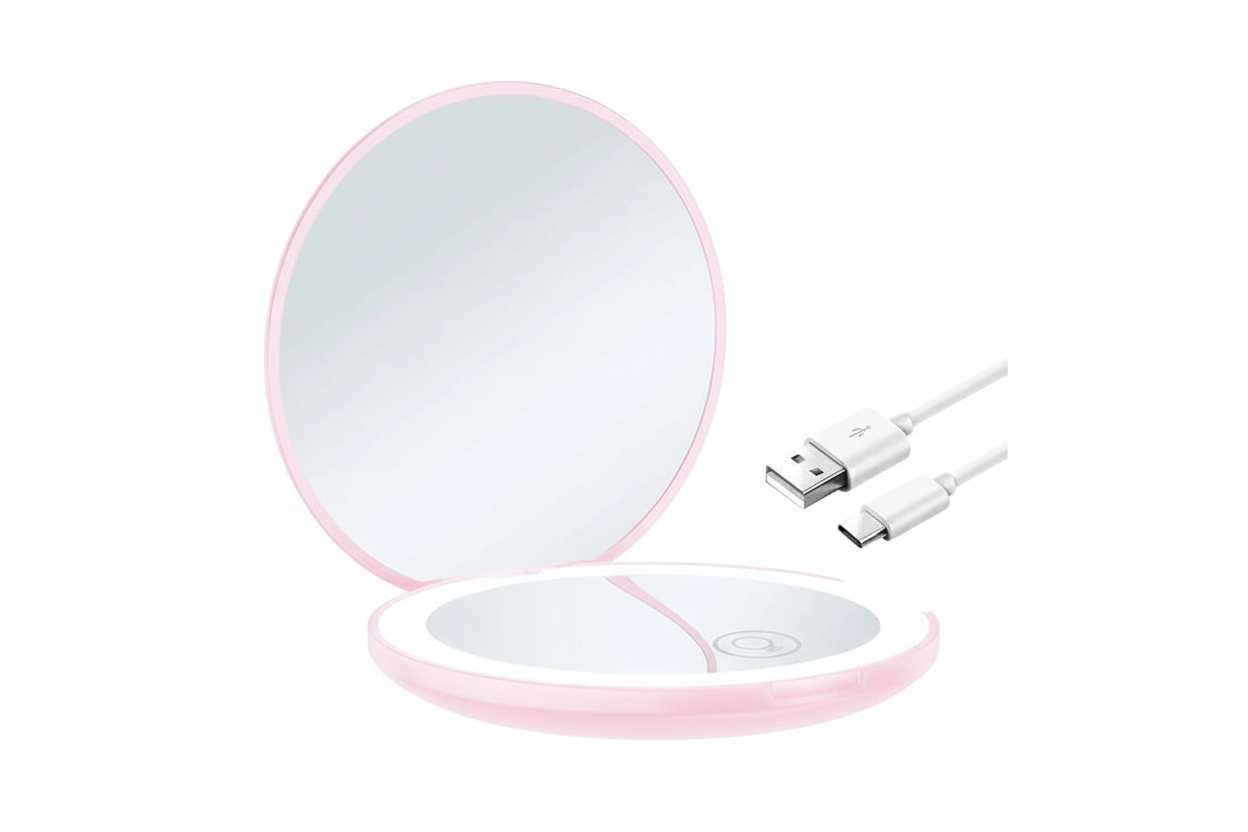 LED Make-Up Mirror rechargeable compact - Adjustable brightness with 1x and 10x magnifying mirrors
