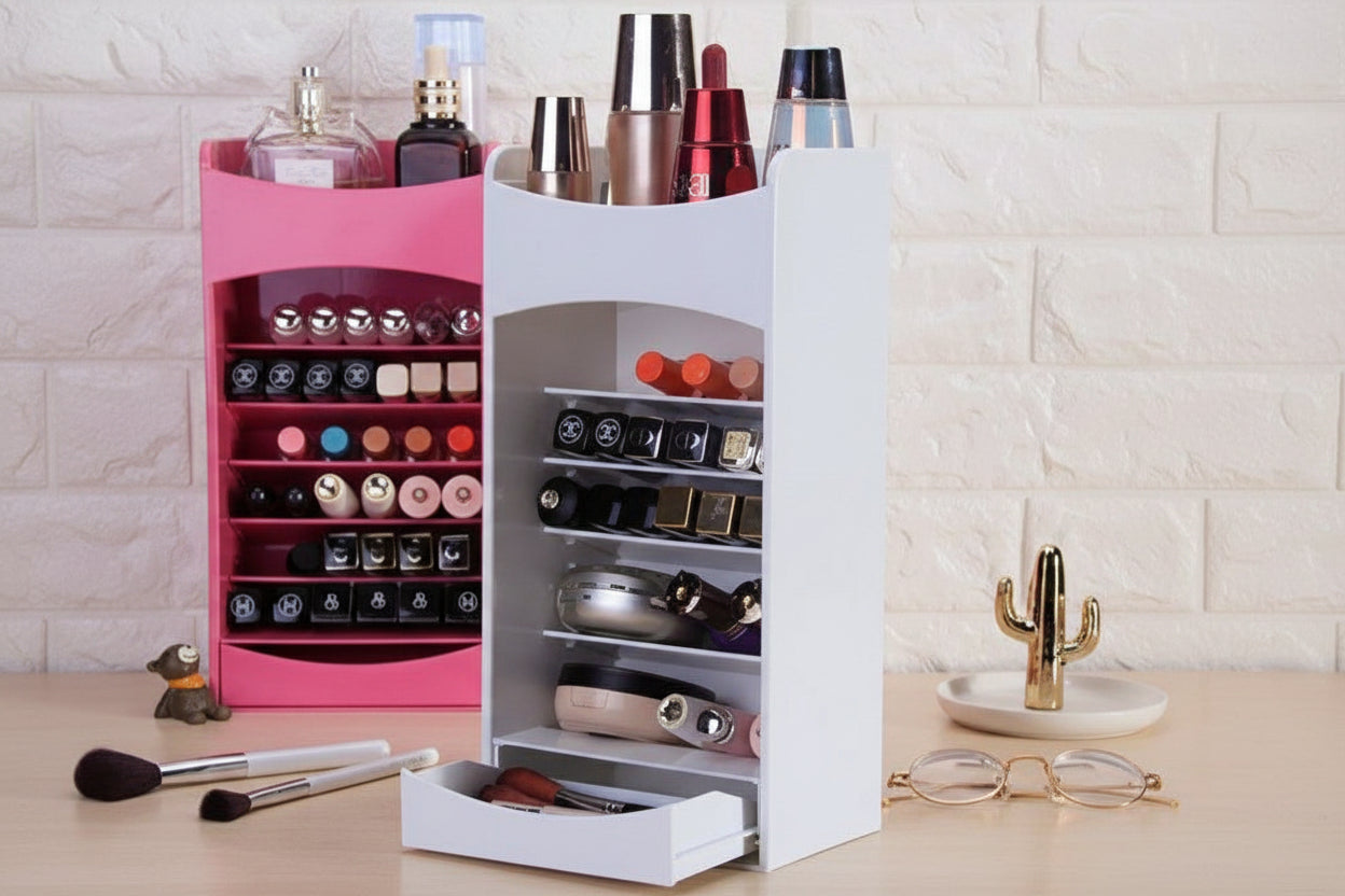 MAKE UP Organizer 360-degree rotating tower - Multilayer makeup storage with drawers for lipsticks and cosmetics

