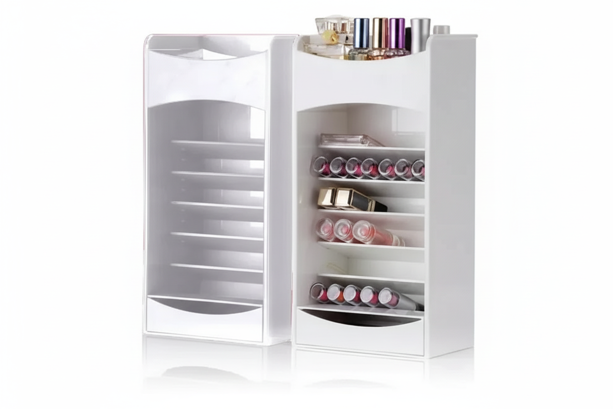 MAKE UP Organizer multilayer storage - White rotating tower with compartments for nail polish and beauty essentials.