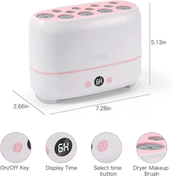 PUNKTIN Brush Dryer specifications - Dimensions 185mm compact design with feature icons
