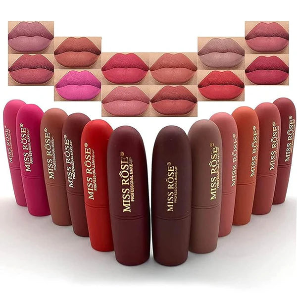 MISS ROSE Matte Lipstick Set with lip swatches - Complete color range showing rich pigmentation and matte finish on lips
