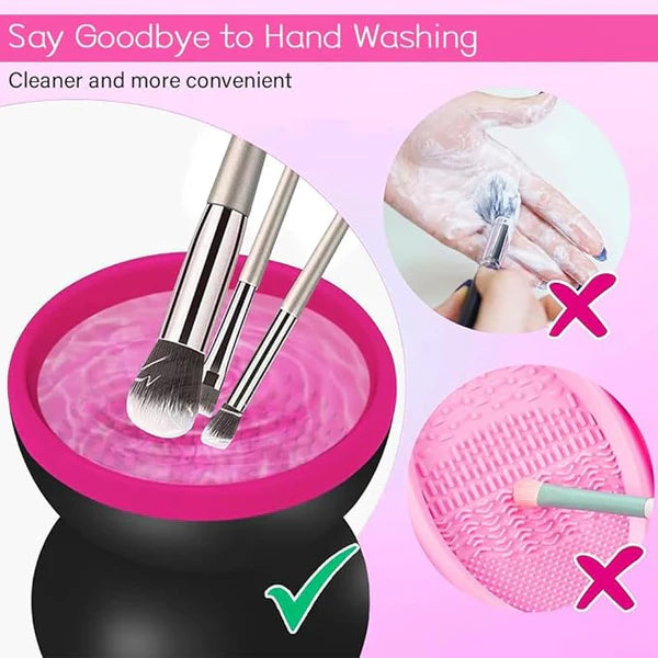 MINI MAKE UP Brush Cleaner in use - Gentle rubber bristles for thorough cleaning without damage
