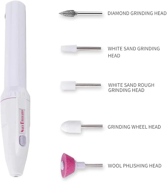 NAIL CARE BUNDLE components - Diamond Grinding Head, White Sand Grinding Head, White Sand Rough Grinding Head, Grinding Wheel Head, and Wool Phlishing Head
