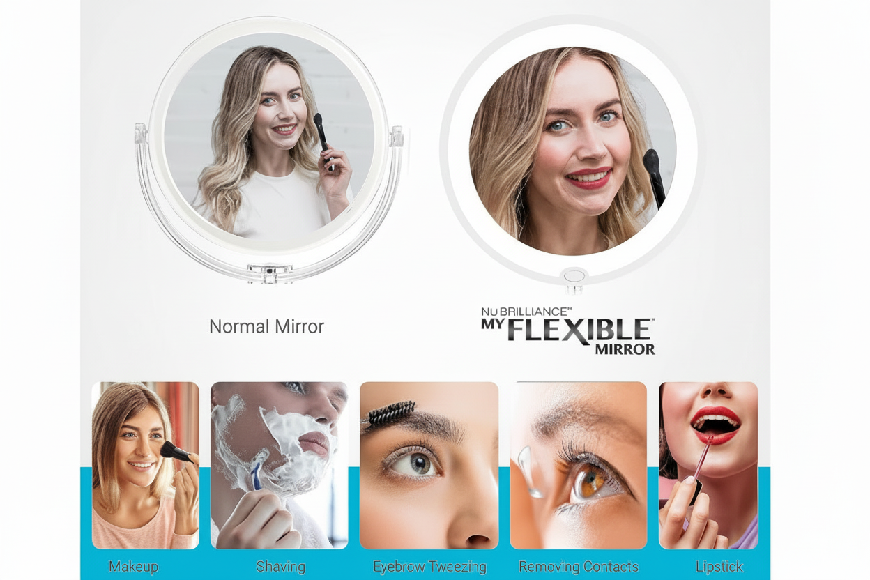 NU BRILLIANE Ultra Flexible Mirror benefits - Magnifying mirror for makeup, shaving, eyebrow tweezing, contacts and lipstick application

